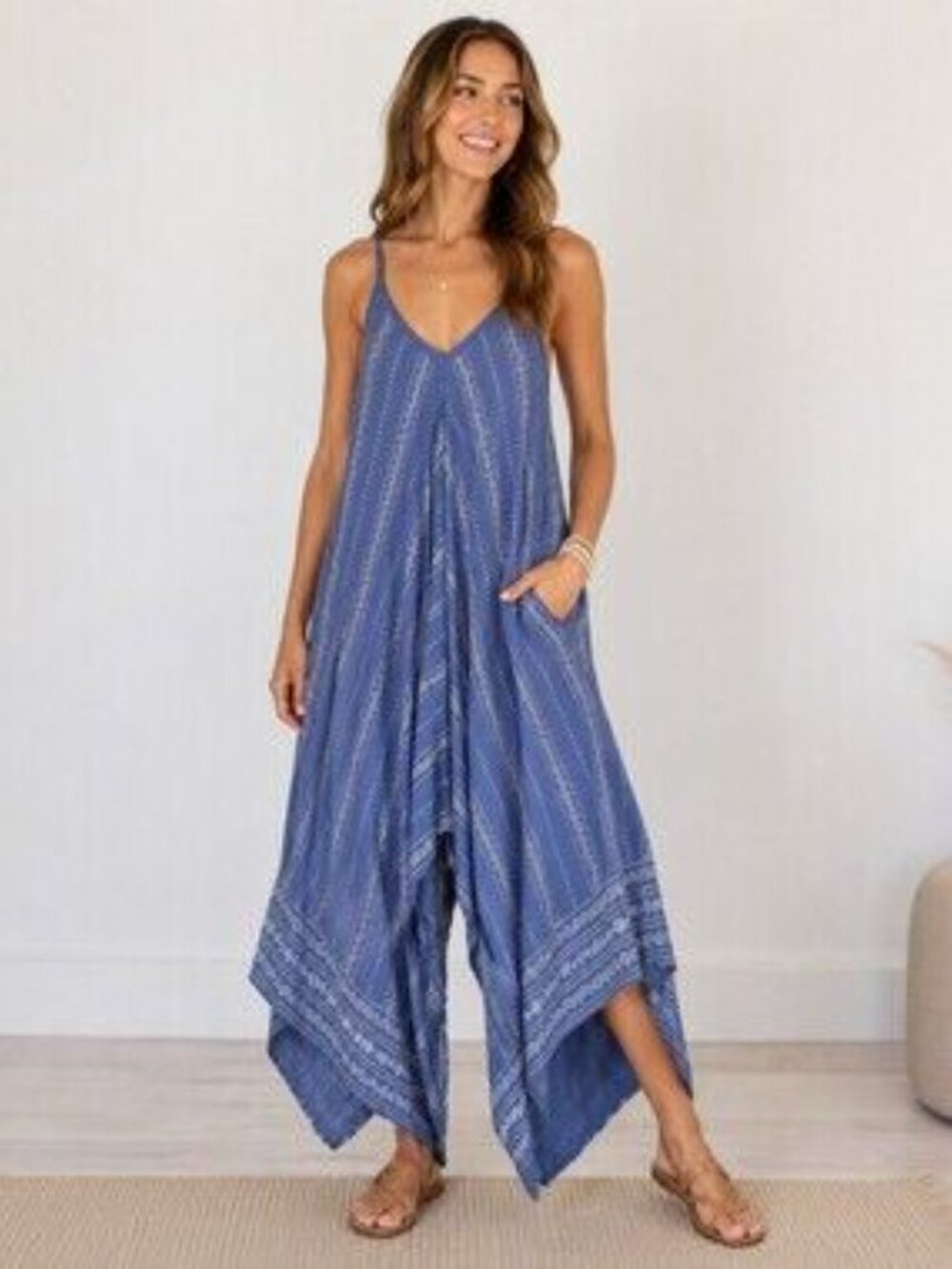 Japna Boho Striped Jumpsuit Blue White Sleeveless Handkerchief Hem Size M